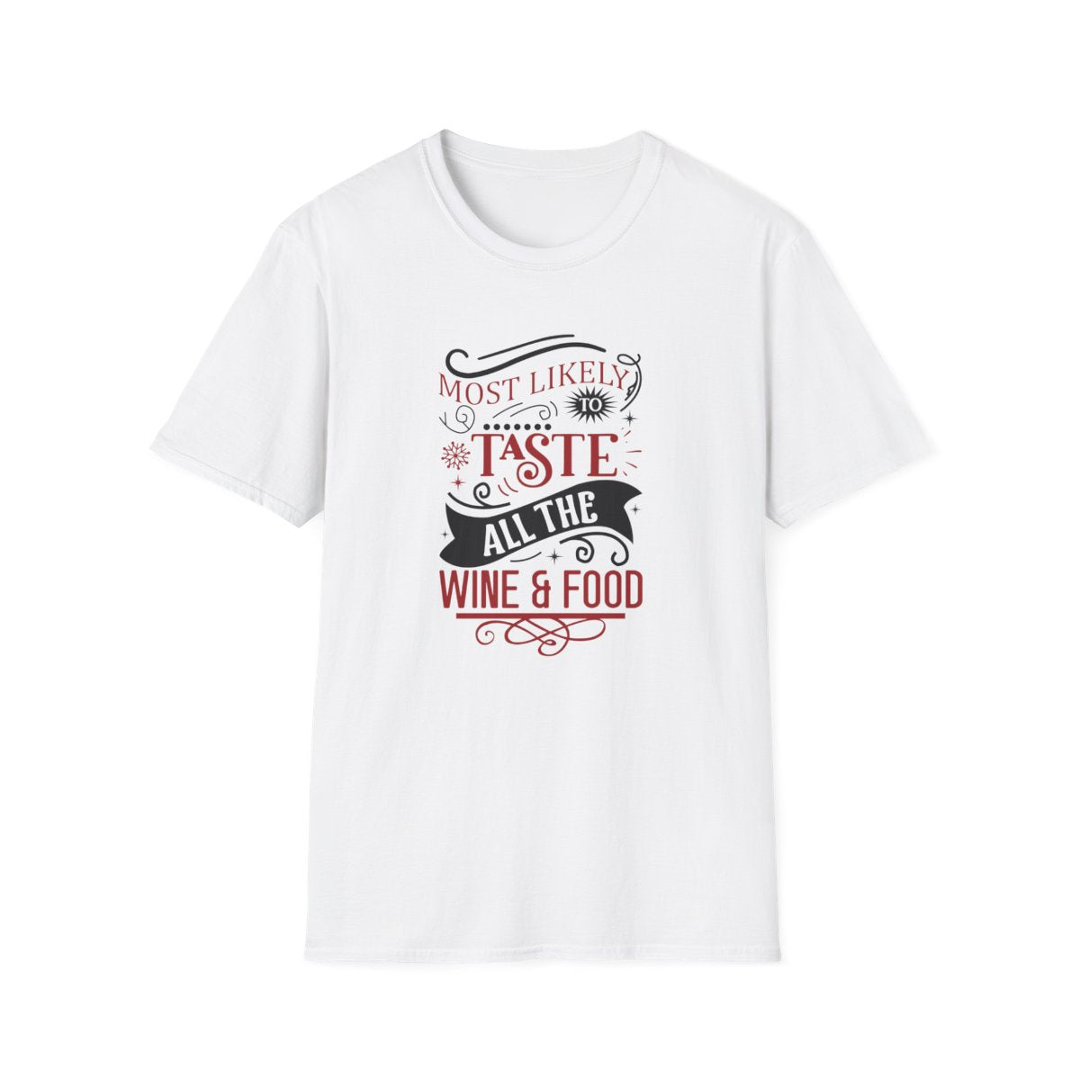 white t-shirt with humorous Christmas wine and food lover graphic