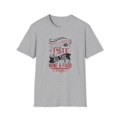 natural t-shirt with bold printed Christmas foodie wine design