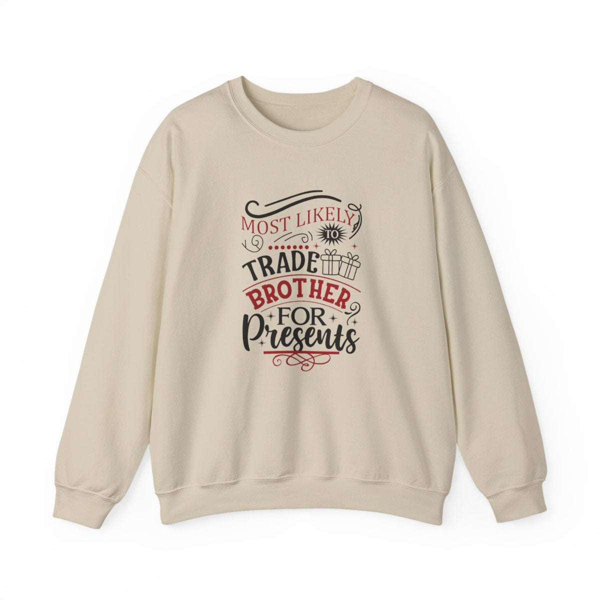 white sweatshirt with humorous sibling gift design for festive occasions