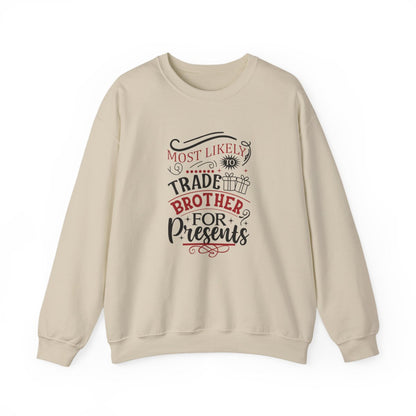 white sweatshirt with humorous sibling gift design for festive occasions