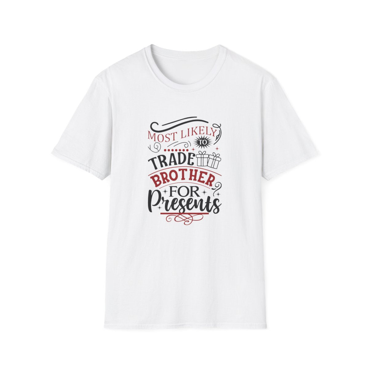 white t-shirt with playful trade brother for presents Christmas gift graphic