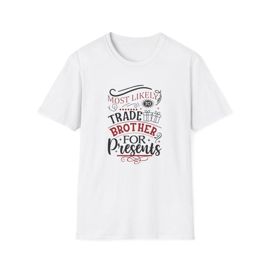 white t-shirt with playful trade brother for presents Christmas gift graphic