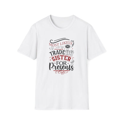 natural coloured t-shirt featuring trade sister for presents funny family design