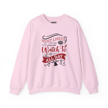 most likely to watch tv all day christmas sweatshirt light pink sweatshirt Christmas gift idea