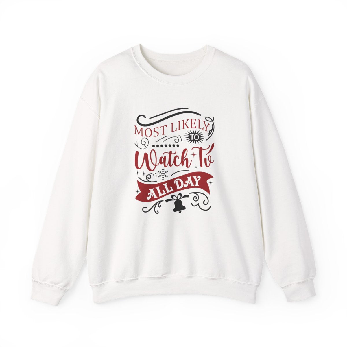 light pink sweatshirt with most likely to watch tv all day funny christmas design