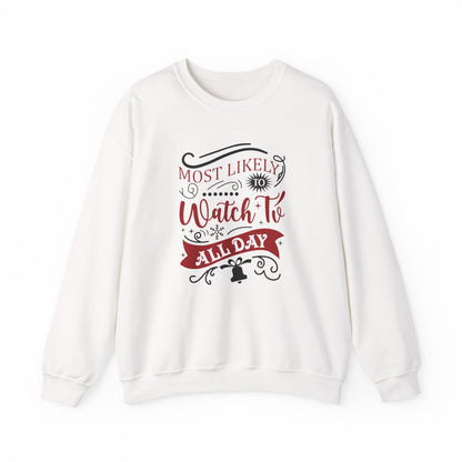 light pink sweatshirt with most likely to watch tv all day funny christmas design