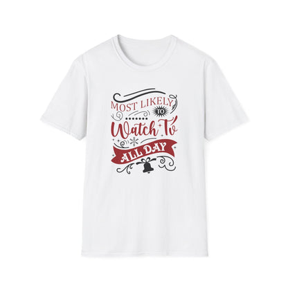 light blue t-shirt with most likely to watch tv all day funny slogan