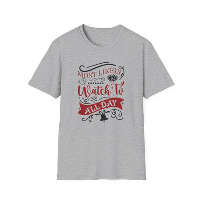 white t-shirt with bold most likely to watch tv all day graphic print