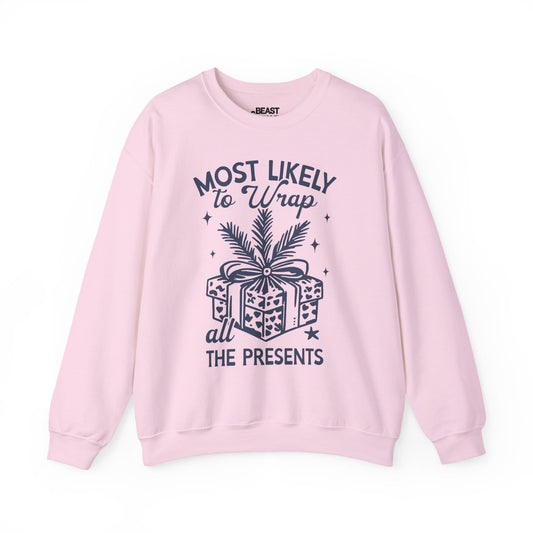 most likely to wrap all the presents christmas sweatshirt light pink sweatshirt Christmas gift idea