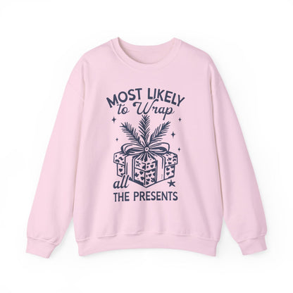 light pink sweatshirt with most likely to wrap all the presents Christmas design