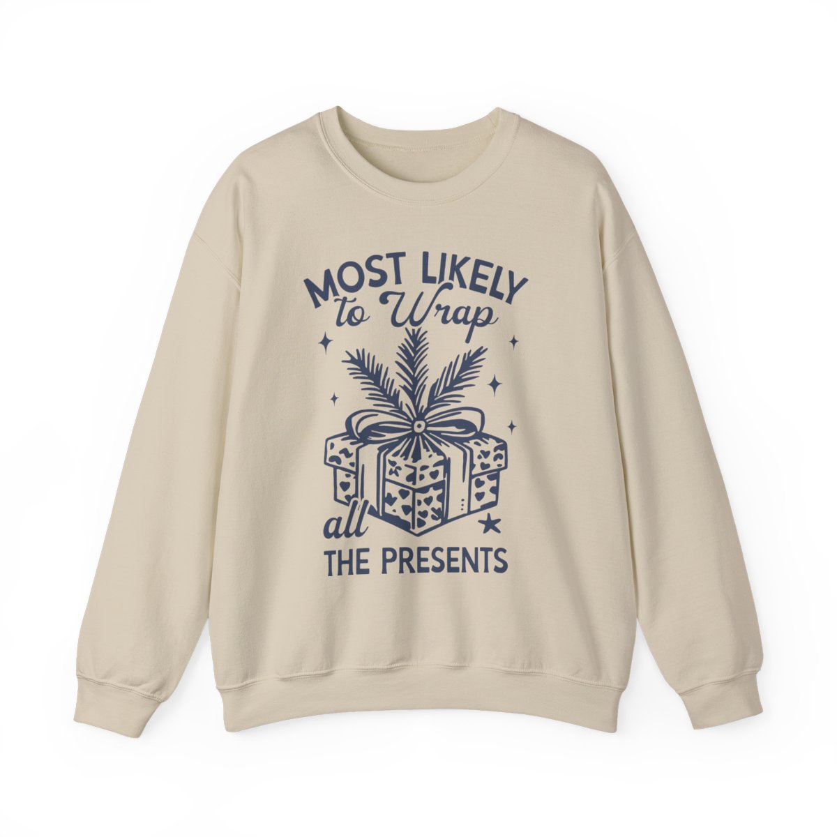 white sweatshirt with most likely to wrap all the presents gift-wrapping Christmas print