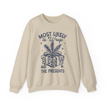 white sweatshirt with most likely to wrap all the presents gift-wrapping Christmas print