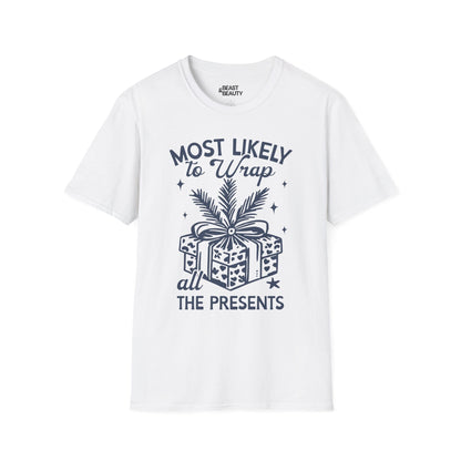 most likely to wrap all the presents christmas t-shirt white t-shirt Christmas gift idea