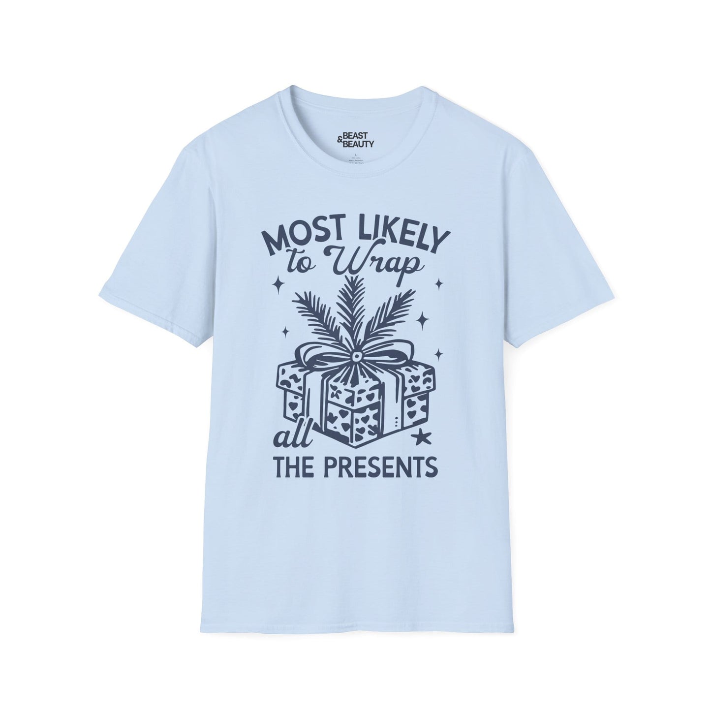 most likely to wrap all the presents christmas t-shirt light blue t-shirt Christmas gift idea
