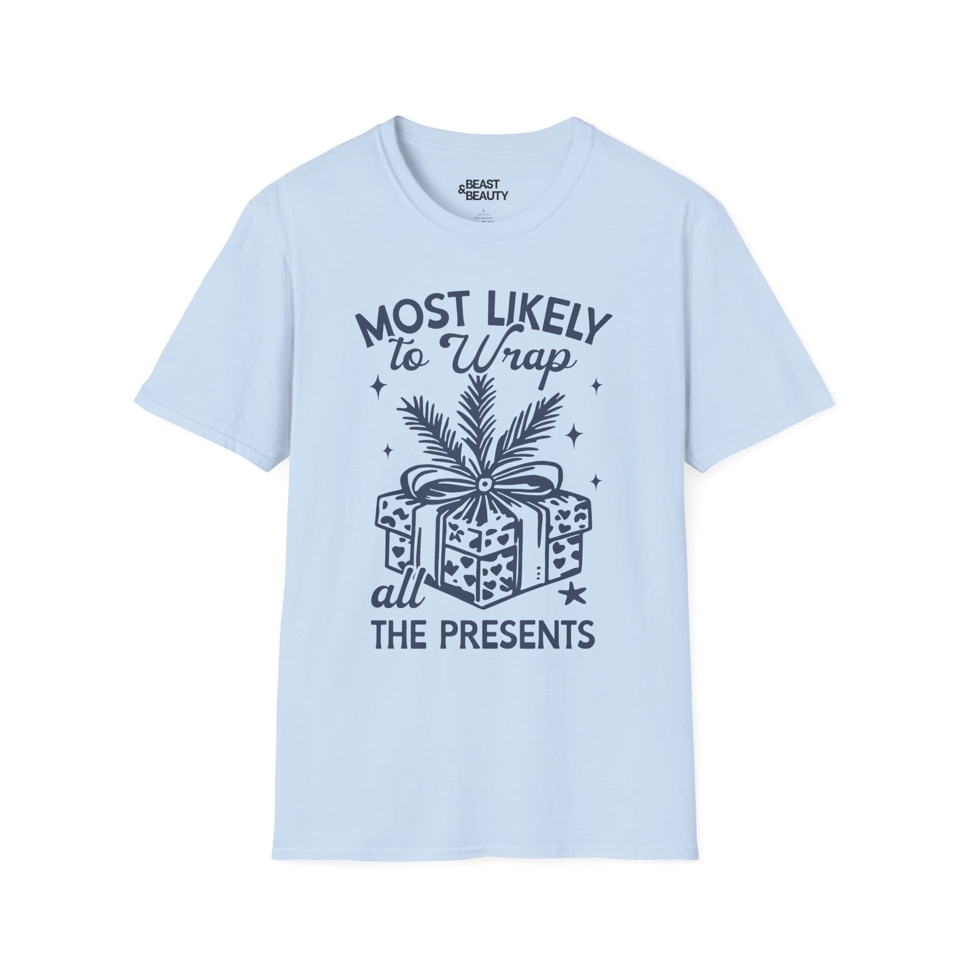 most likely to wrap all the presents christmas t-shirt light blue t-shirt Christmas gift idea