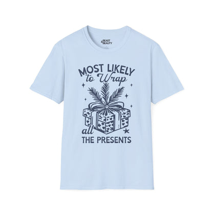 most likely to wrap all the presents christmas t-shirt light blue t-shirt Christmas gift idea