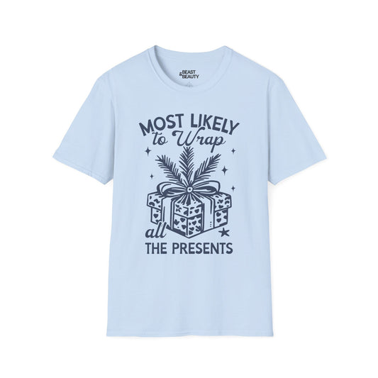 most likely to wrap all the presents christmas t-shirt light blue t-shirt Christmas gift idea