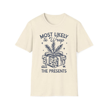 sport grey t-shirt with most likely to wrap all presents funny christmas print