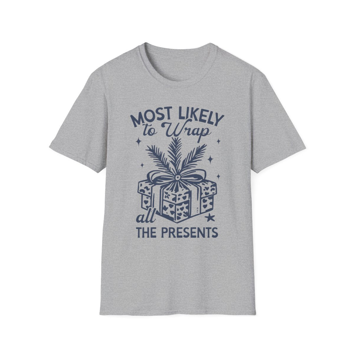 natural t-shirt with festive present-wrapping theme for holiday wear
