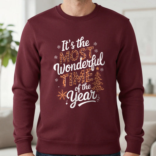 Most Wonderful Time of the Year Christmas Sweatshirt in Maroon, worn, our photo