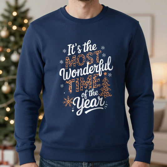 Most Wonderful Time of the Year Christmas Sweatshirt in Navy, worn, our photo