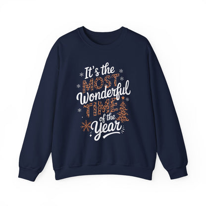 navy sweatshirt with festive most wonderful time of the year print