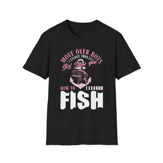 black t-shirt with move over boys let this girl show you how to fish funny fishing design