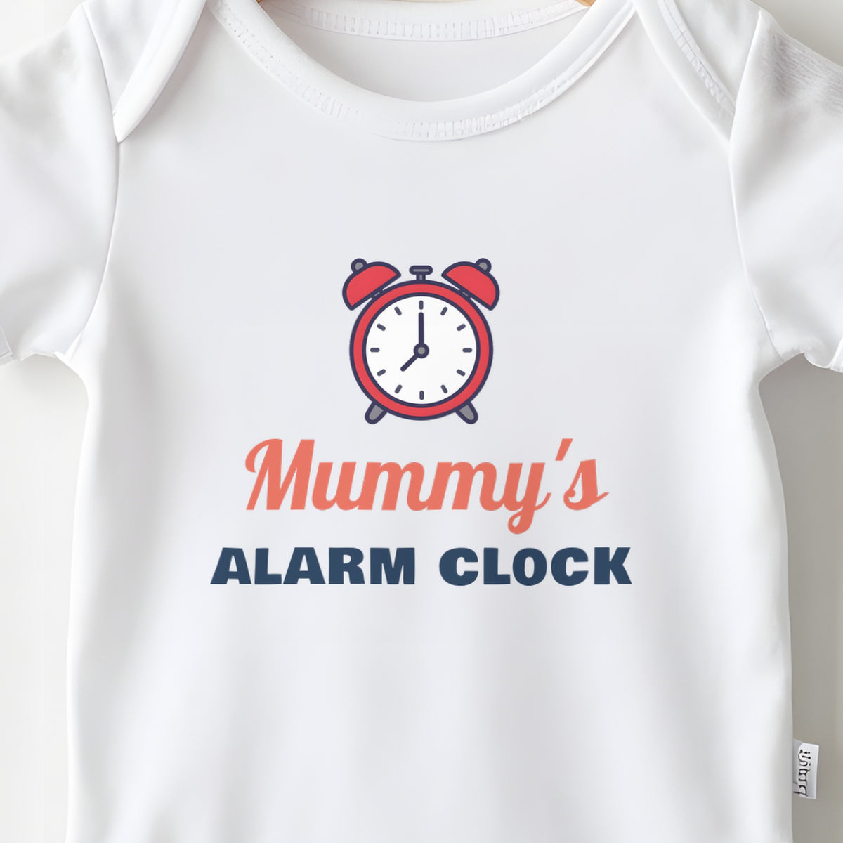 Mummy's Alarm Clock baby grow print close-up