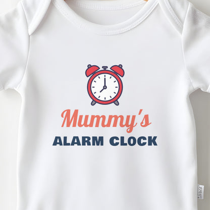 Mummy's Alarm Clock baby grow print close-up