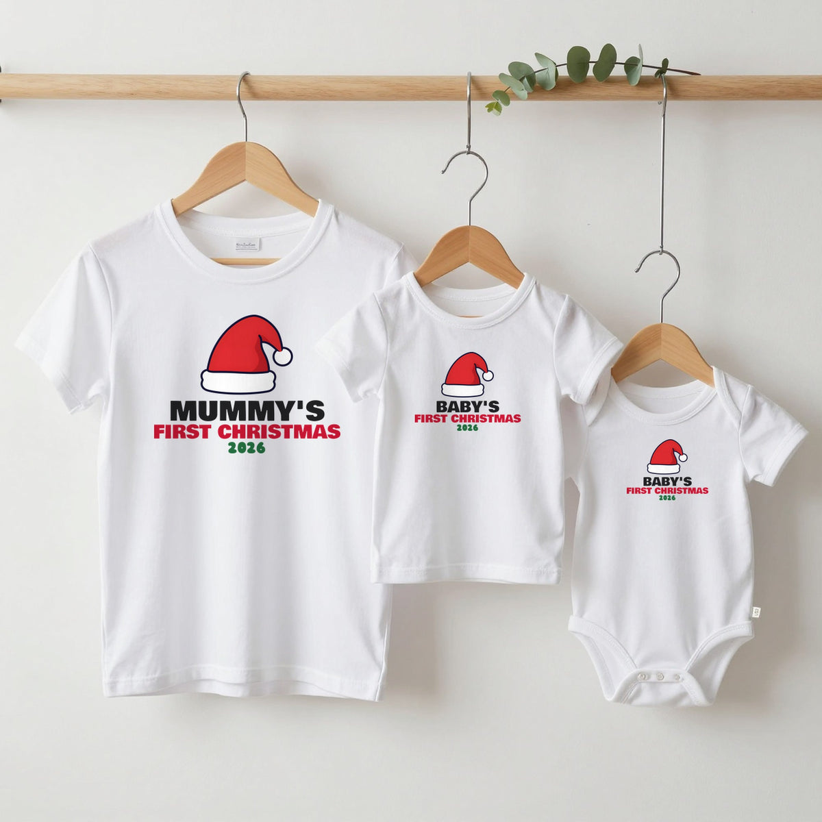 Mummy's First Christmas & Baby's First Christmas matching set grown-up tee, kids tee and baby grow on hangers