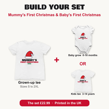 Mummy's First Christmas & Baby's First Christmas matching set build your set: grown-up tee with baby grow or kids tee