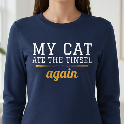 My Cat Ate The Tinsel Again Funny Cat Christmas Jumper & T-Shirt close-up