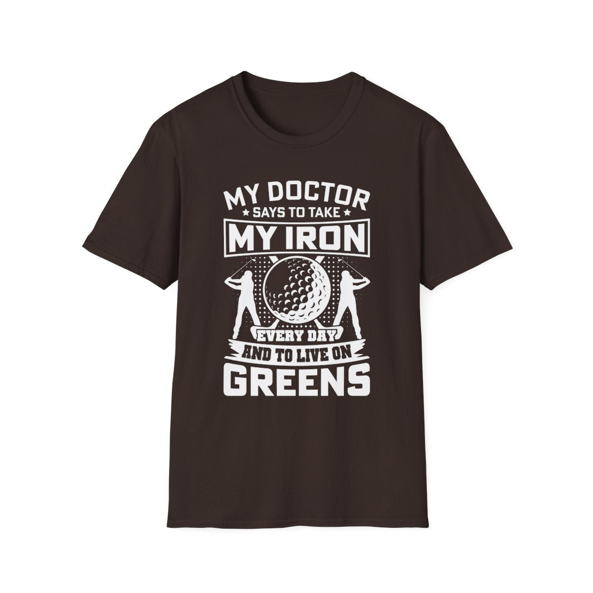 red t-shirt with humorous iron golf phrase graphic for golfers