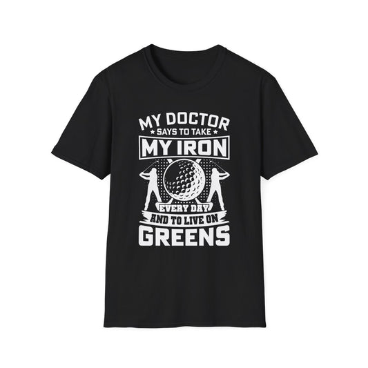 navy t-shirt with doctor iron joke golf slogan print for dads