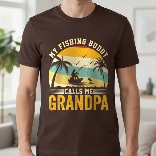 My Fishing Buddy Calls Me Grandpa T-Shirt in Dark Chocolate, worn, our photo