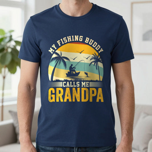 My Fishing Buddy Calls Me Grandpa T-Shirt in Navy, worn, our photo