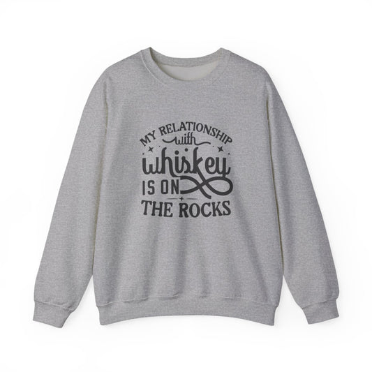 light pink sweatshirt with my relationship with whiskey is on the rocks funny design