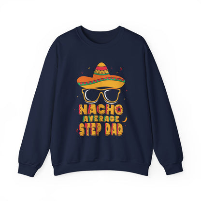 navy sweatshirt with bold nacho average step dad print
