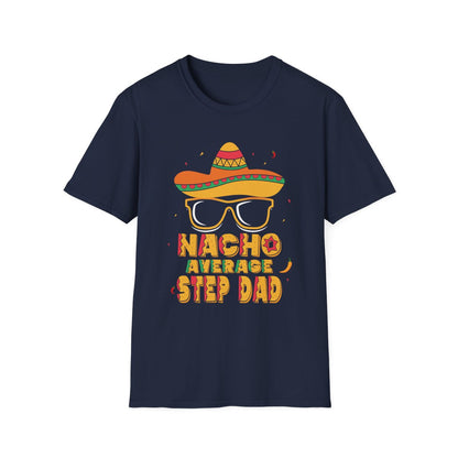 dark heather t-shirt with nacho average step dad funny father's day design