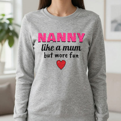 Nanny Like A Mum But More Fun Funny T-Shirt & Sweatshirt in Sport Grey (Sweatshirt), worn, our photo