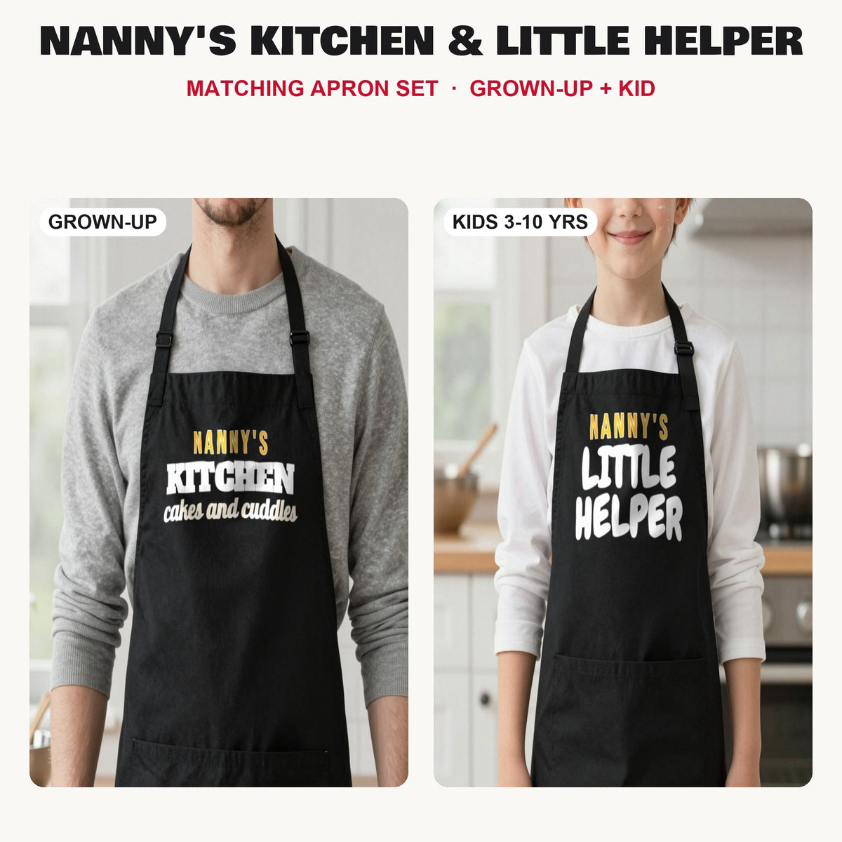Nanny's Kitchen & Little Helper matching apron set in Black: grown-up and kids aprons, our photo
