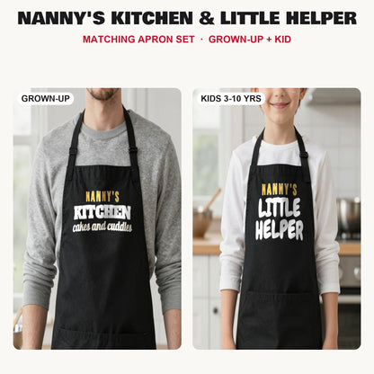 Nanny's Kitchen & Little Helper matching apron set in Black: grown-up and kids aprons, our photo