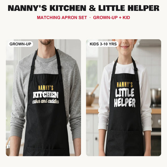 Nanny's Kitchen & Little Helper matching apron set in Black: grown-up and kids aprons, our photo