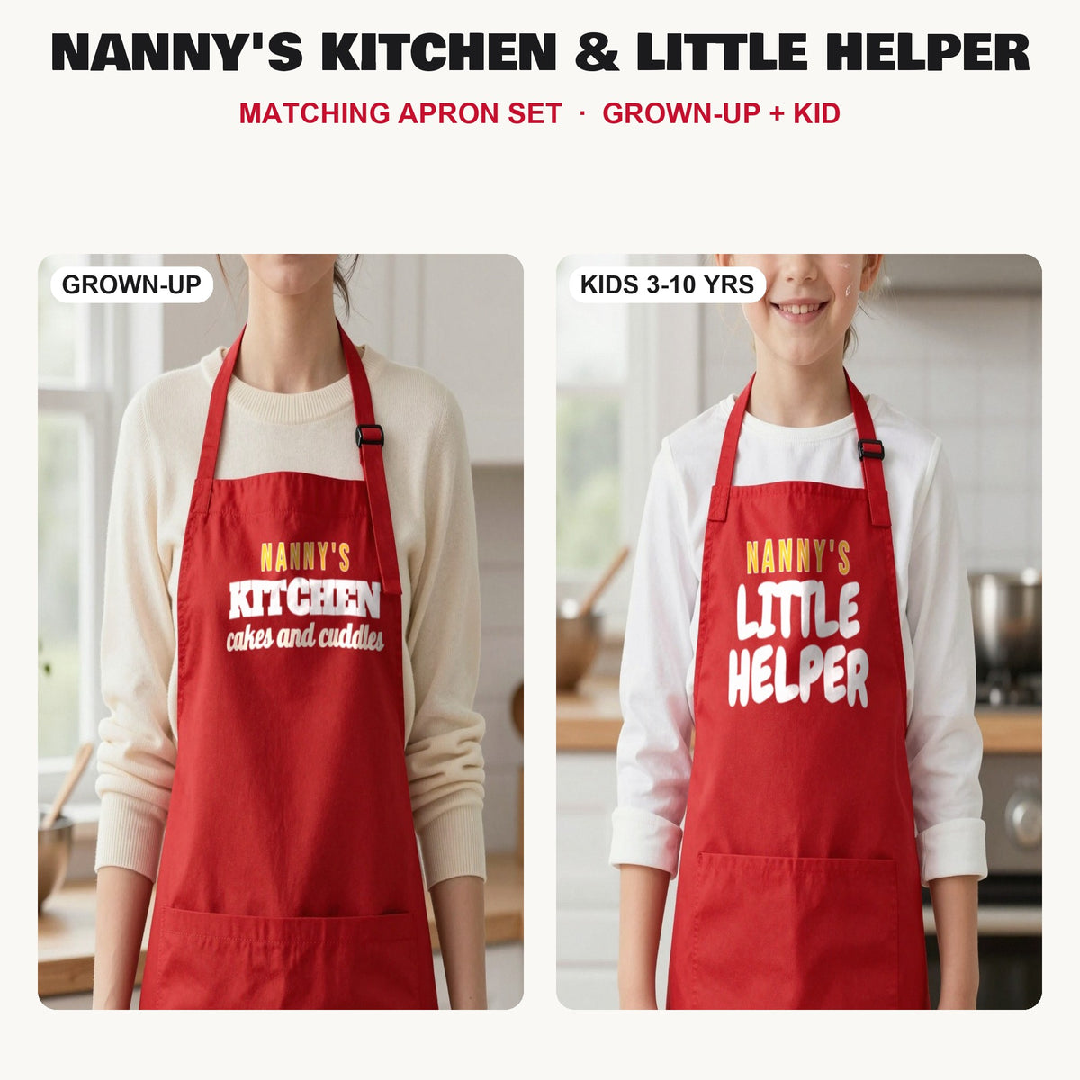 Nanny's Kitchen & Little Helper matching apron set in Red: grown-up and kids aprons, our photo
