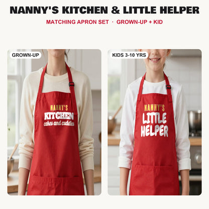 Nanny's Kitchen & Little Helper matching apron set in Red: grown-up and kids aprons, our photo
