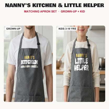 Nanny's Kitchen & Little Helper matching apron set in Dark Grey: grown-up and kids aprons, our photo