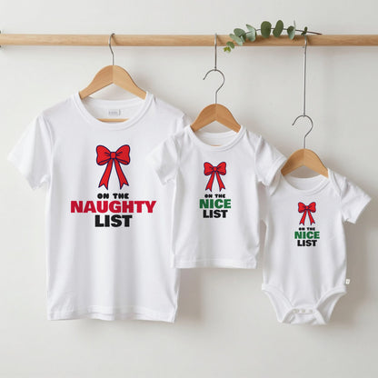 Naughty List & Nice List Christmas matching set grown-up tee, kids tee and baby grow on hangers