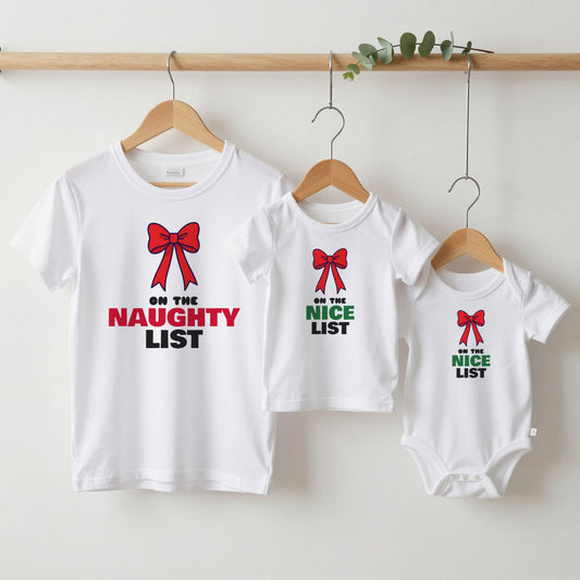 Naughty List & Nice List Christmas matching set grown-up tee, kids tee and baby grow on hangers