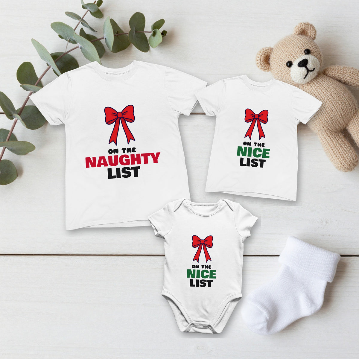 Naughty List & Nice List Christmas matching set flat lay with kids tee