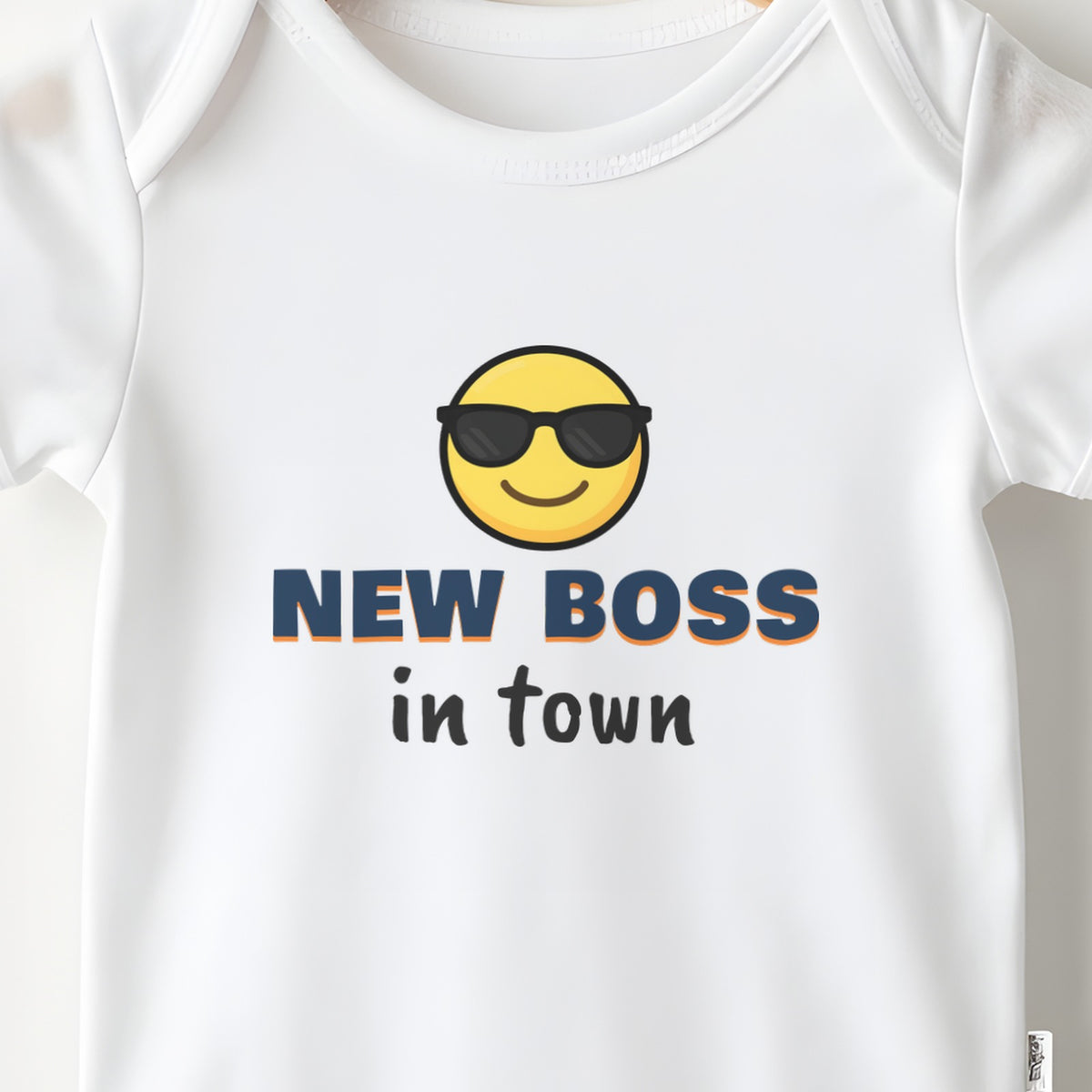 New Boss In Town baby grow print close-up